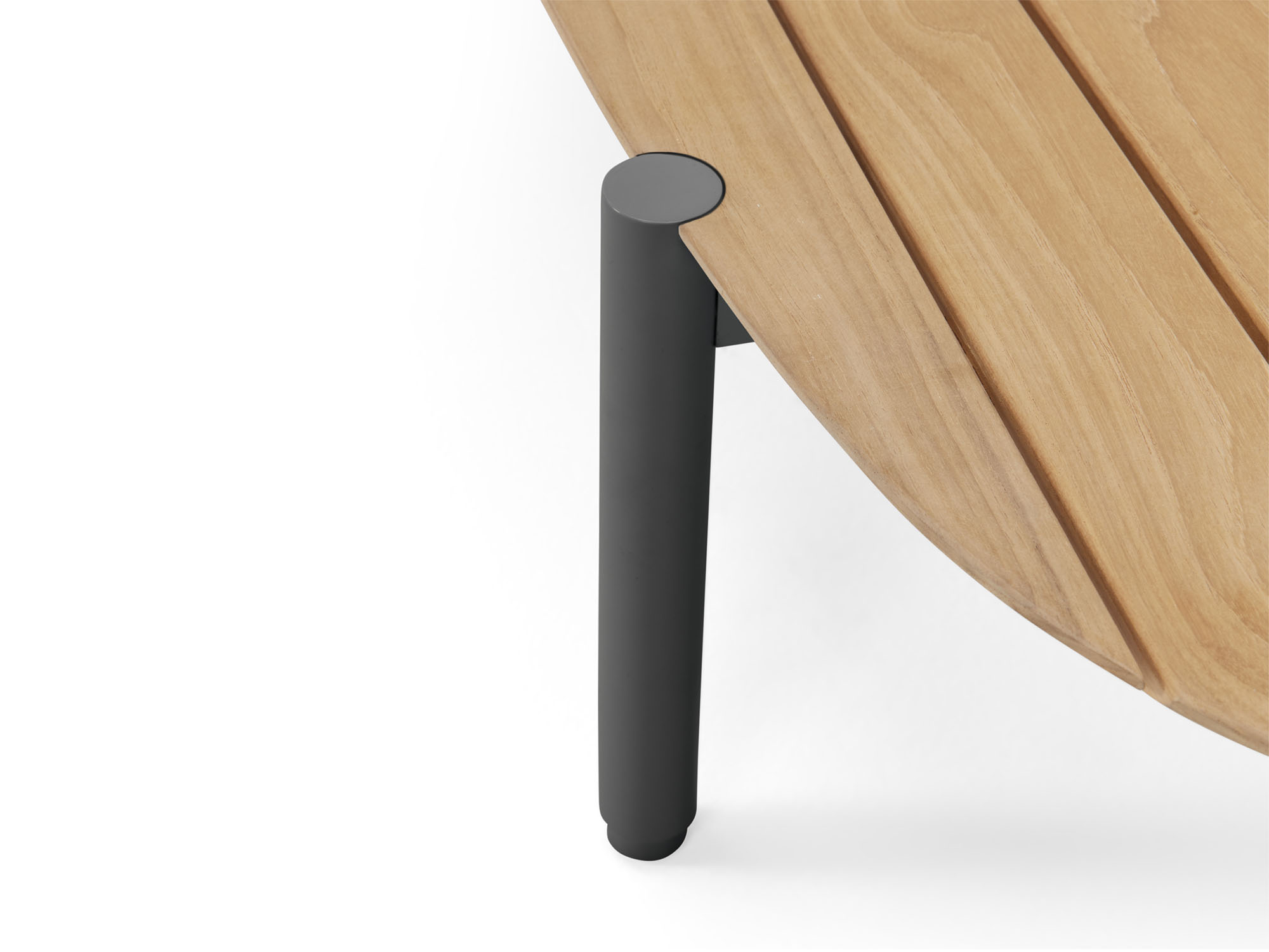 Detail view of wood and black outdoor coffee table
